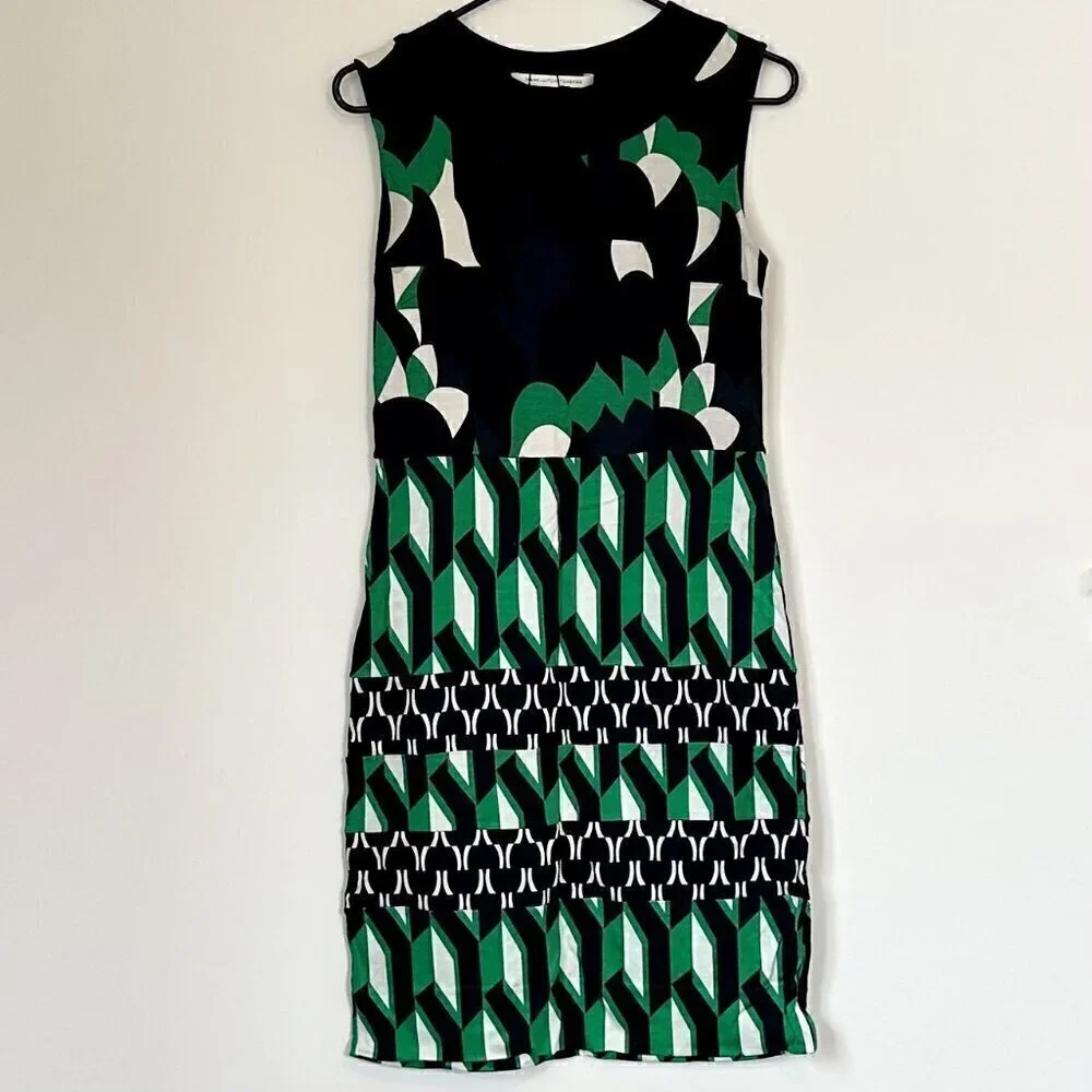 Diane von Furstenberg Sleeveless Geometric Black Green Sheath Dress - S/M